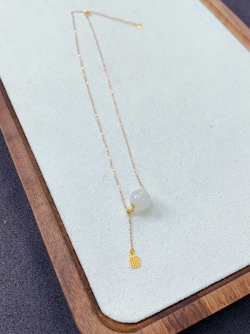 『乐小福珠宝』18K金和田玉单珠福牌项链