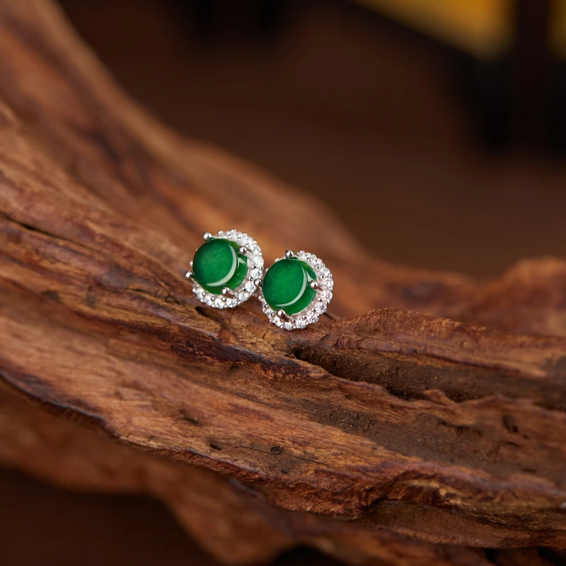 【乐小福珠宝】晚翠/S925银翡翠耳钉6.8