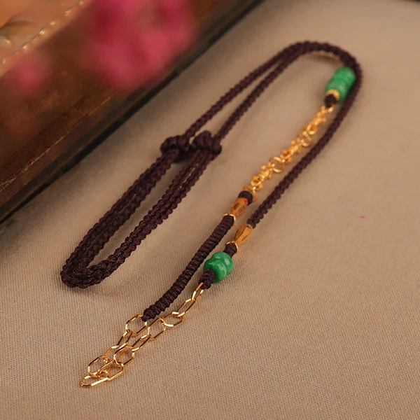 【乐小福珠宝】18K金翡翠双鱼项链手工编绳百搭长链编织民族风