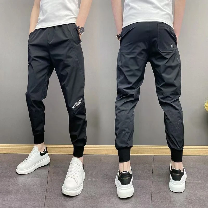 夏季薄款男士休闲裤空调裤冰丝速干裤潮流小裤青年百搭休闲束脚裤