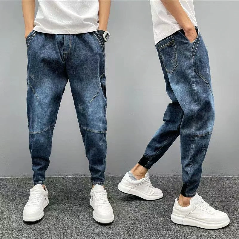 秋季牛仔长裤男士修身小脚牛仔裤纯蓝色束脚裤男款哈伦裤大码宽松