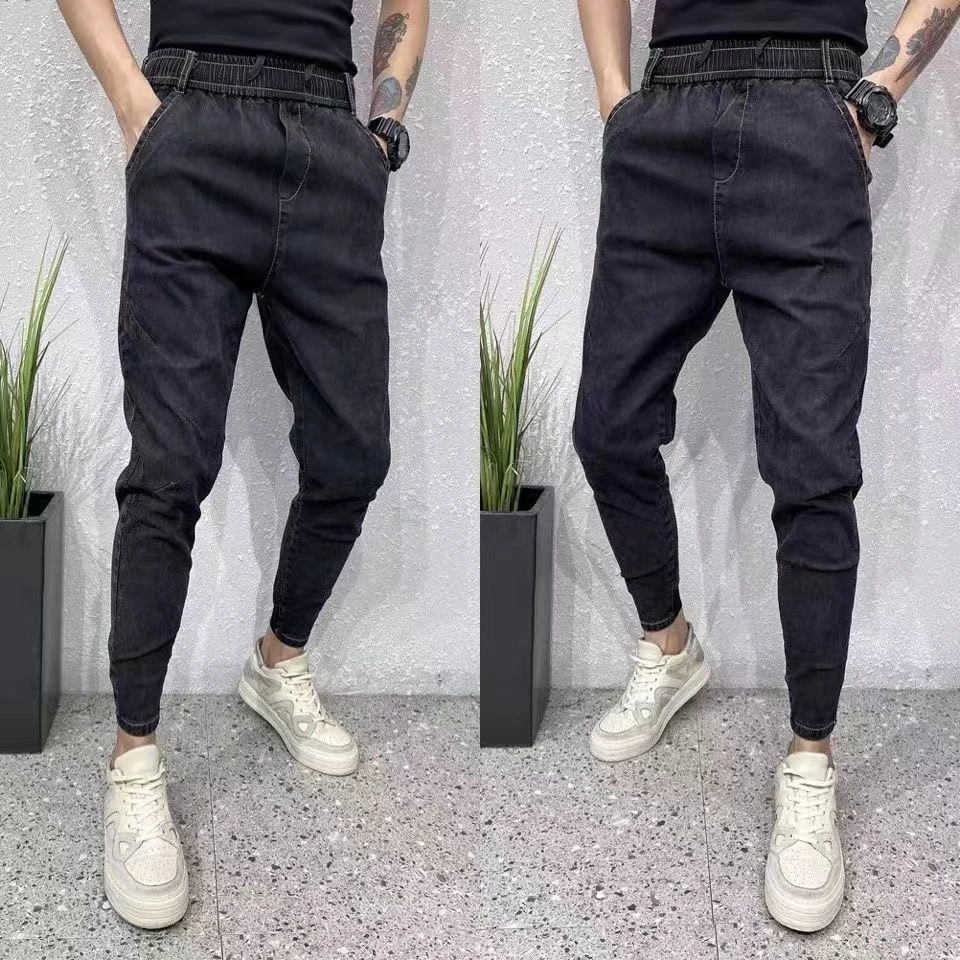 秋季男士加绒牛仔裤男款修身束脚裤弹力小脚裤精神小伙休闲裤黑色