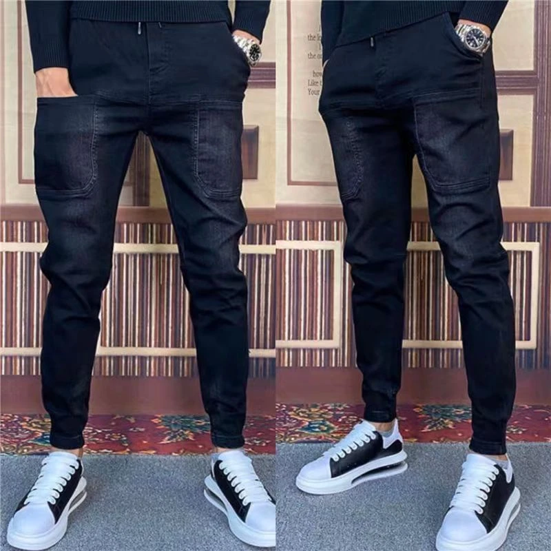 秋季黑色牛仔裤六兜小脚工装裤男修身百搭潮流牛仔裤弹力哈伦裤