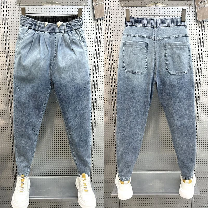 2025秋季百搭牛仔裤男款松紧腰休闲裤修身哈伦裤潮流男裤小脚裤