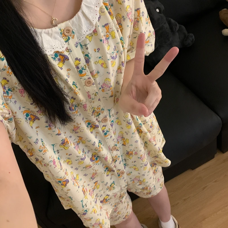 ins风甜美花边夏季短袖纯棉睡衣女薄款少女家居服日系套装韩版