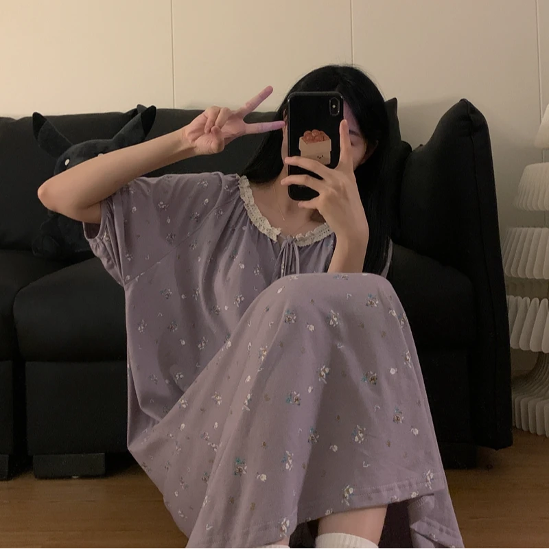 韩系ins小碎花夏季短袖纯棉睡裙女中长款宽松薄款大码睡衣家居服