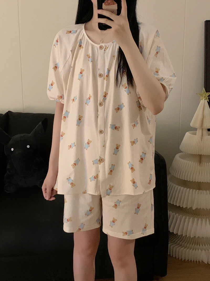韩国ins风少女可爱小熊夏季睡衣短袖短裤宽松大码家居服套装