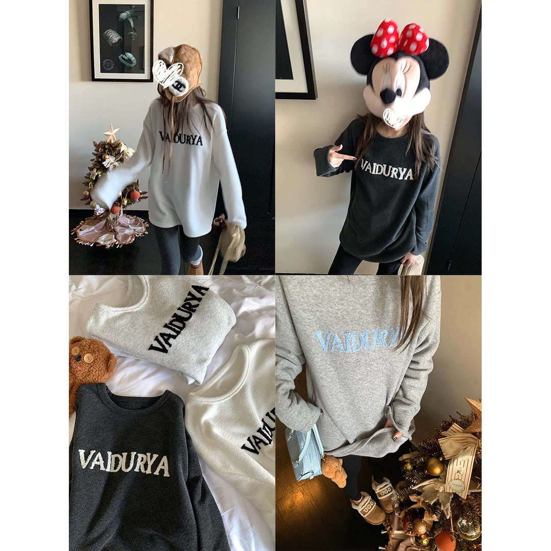 Y1213‘电热毯T’字母毛巾绣加绒冬季加厚宽松休闲百搭t恤