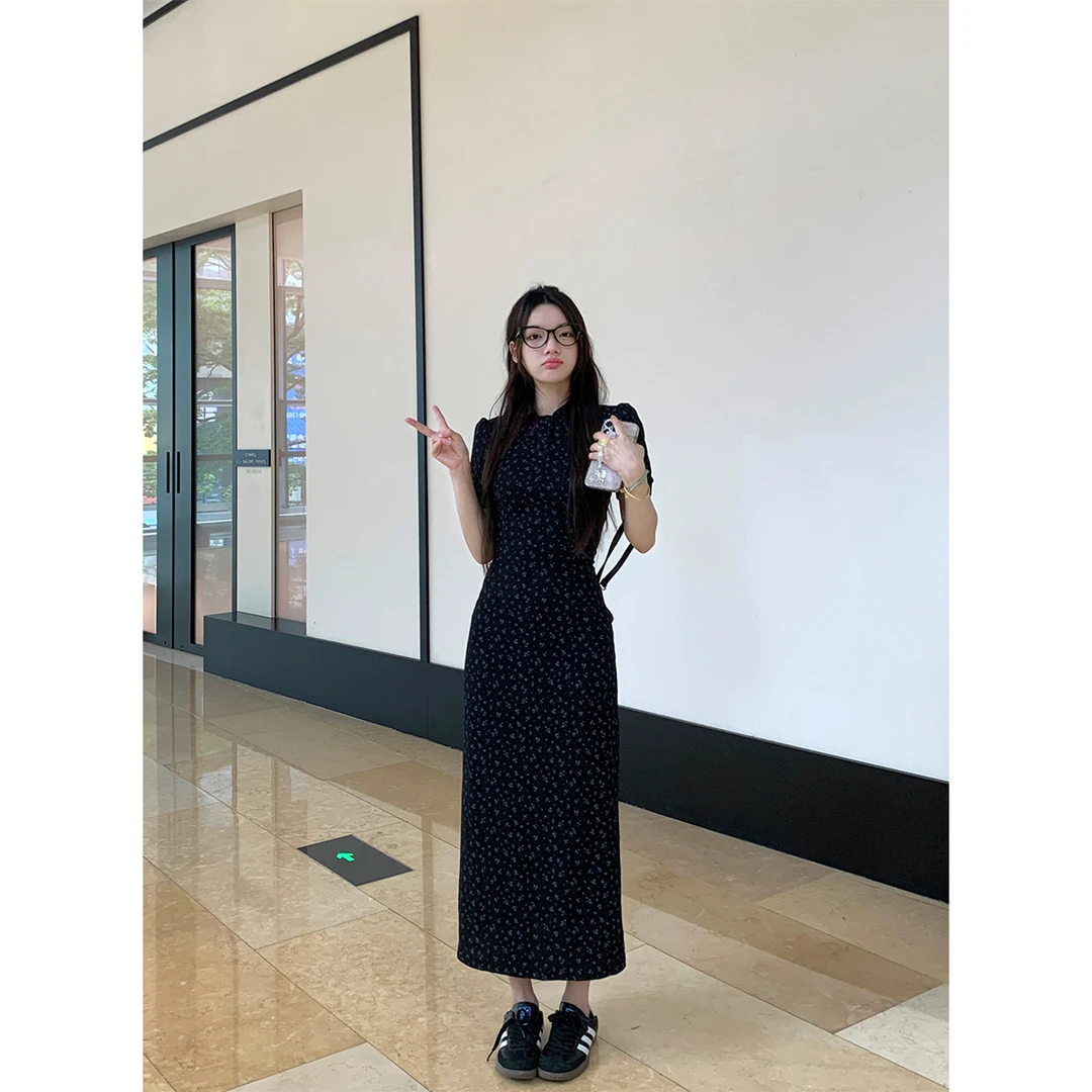 雪猿【伦敦早课】 学院风polo裙女夏季翻领黑色印花长款减龄连衣裙