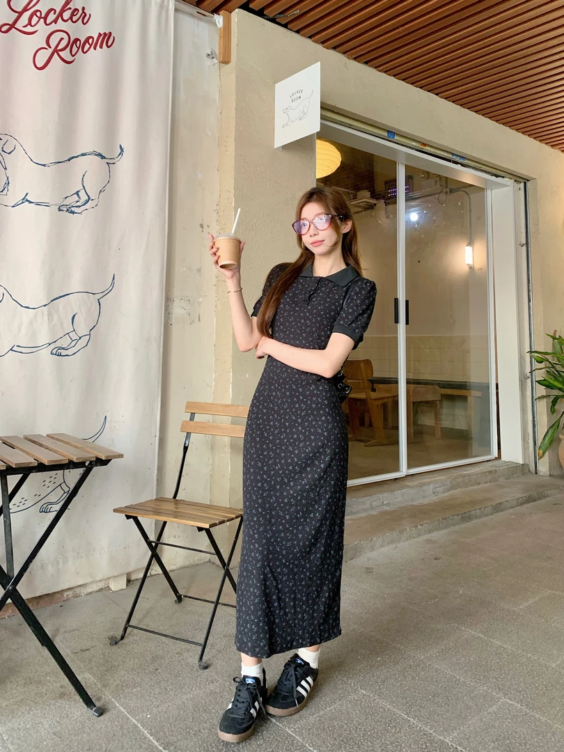 雪猿【伦敦早课】 学院风polo裙女夏季翻领黑色印花长款减龄连衣裙