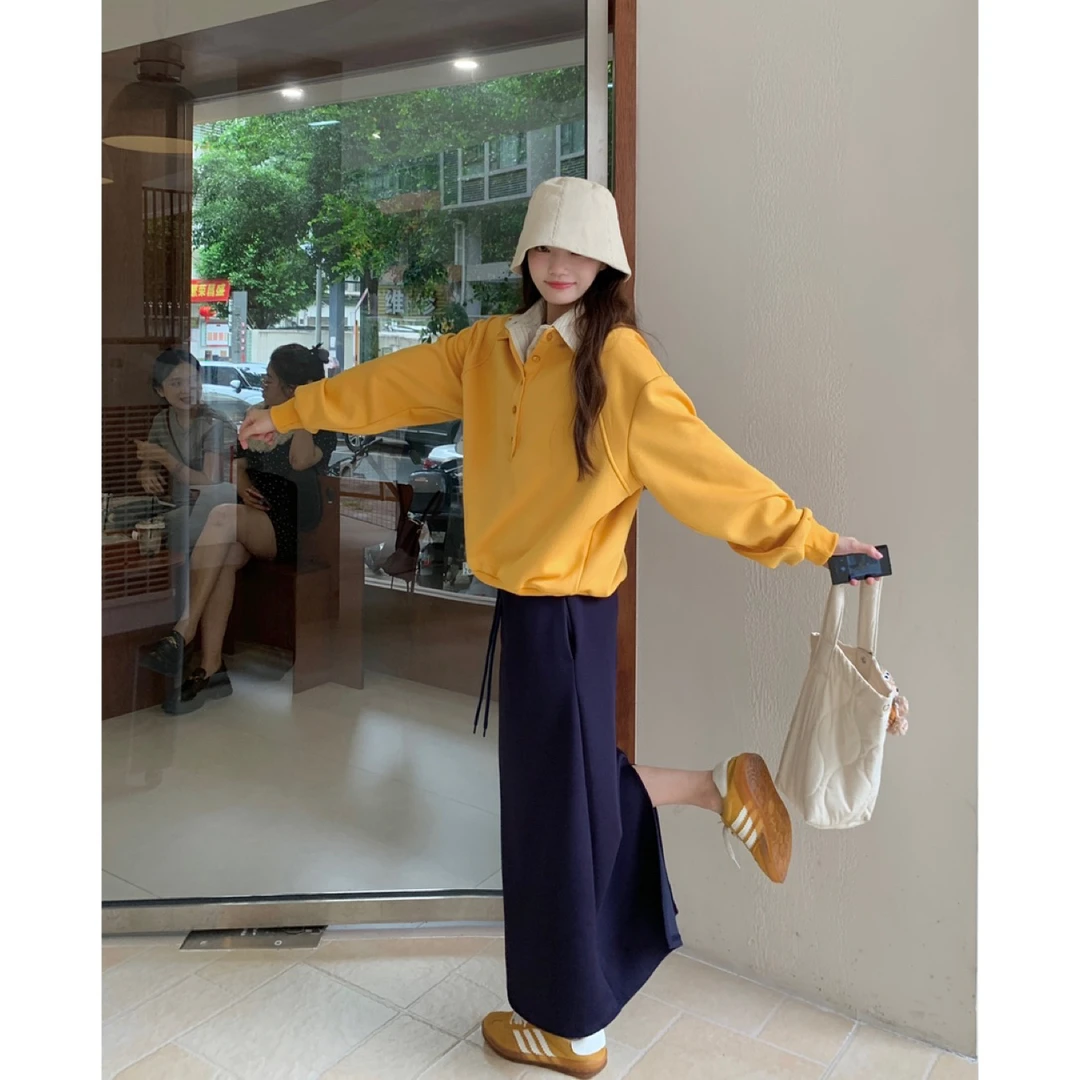 【芒果冰】时尚休闲卫衣秋季套头宽松慵懒风Polo衬衫假领半身裙套装