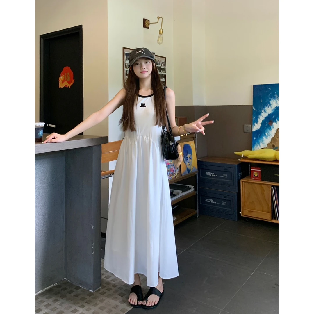 法式慵懒风撞色无袖甜美长裙夏季休闲气质显瘦A字连衣裙Y670