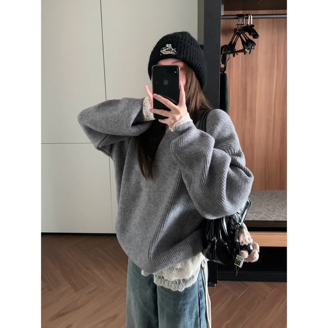 黑色宽松慵懒风v领毛衣女2024冬季新款休闲加厚针织衫上衣 Y1066