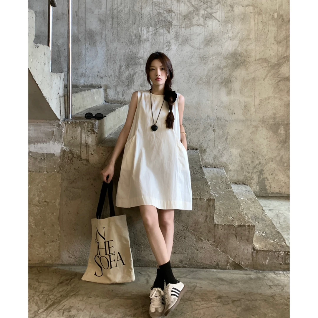 【怦然心动】后背拉链系带无袖连衣裙夏季韩版宽松圆领中长款背心裙