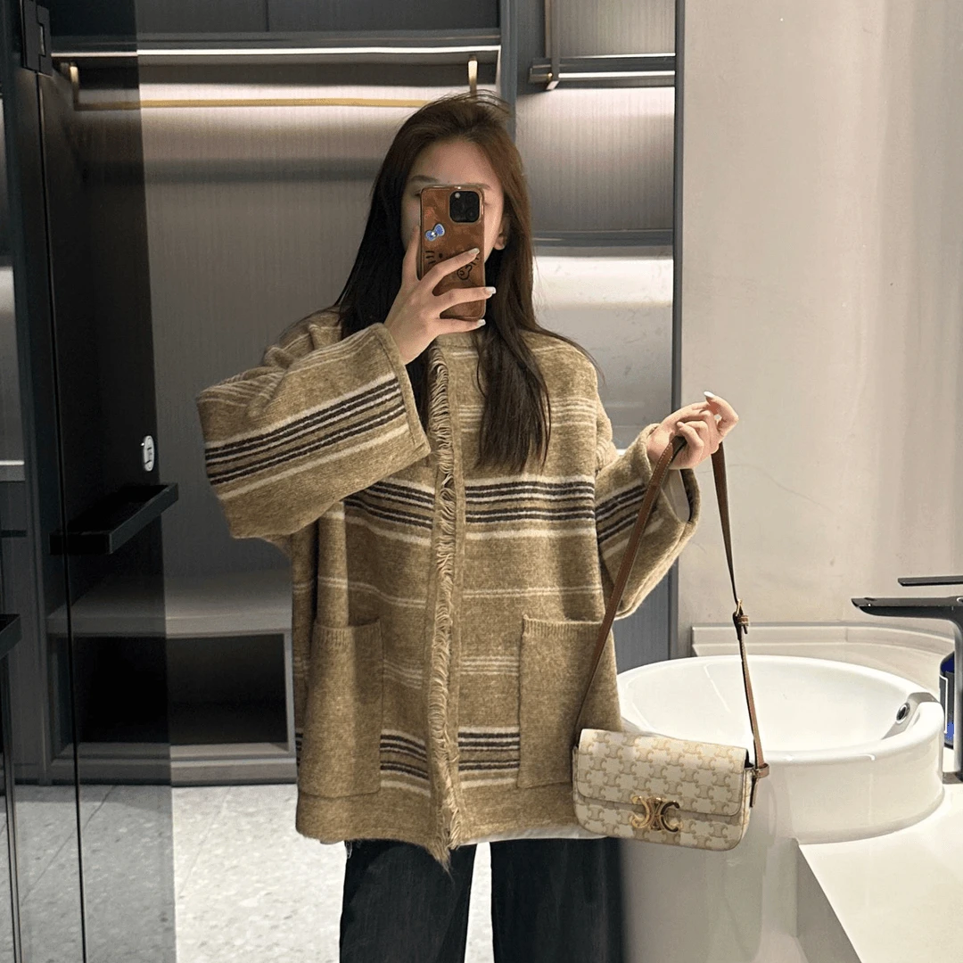 【哥本哈根】条纹毛衣针织开衫外套休闲宽松复古秋季新款时尚百搭