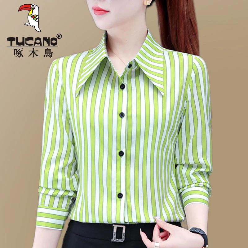 啄木鳥休闲高档条纹衬衫女长袖2024年新款翻领时尚气质衬衣