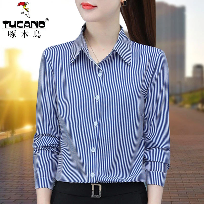 啄木鳥竖条纹衬衫女长袖春秋新款洋气中年妈妈衬衣显瘦雪纺打底衫