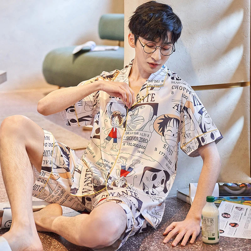 夏季新款冰丝凉感睡衣男卡通海贼王短袖短裤青少年套装大码家居服