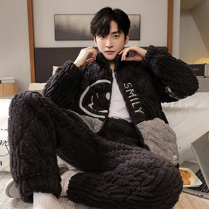 三层夹棉睡衣男加厚青少年珊瑚绒秋冬加绒简约立领家居服保暖套装