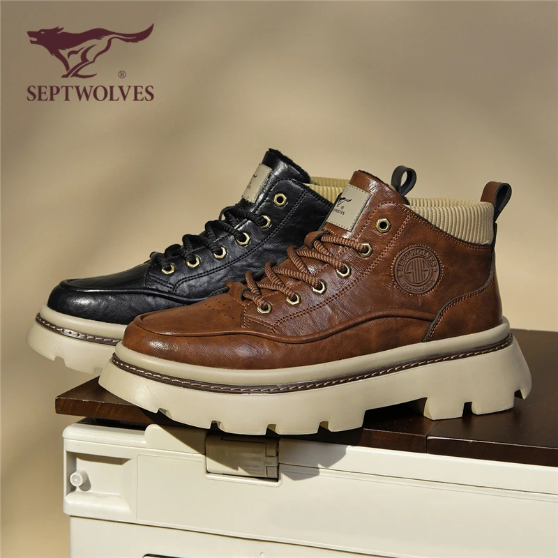 七匹狼马丁靴2025秋季加绒高帮英伦男鞋厚底增高百搭保暖工装0850