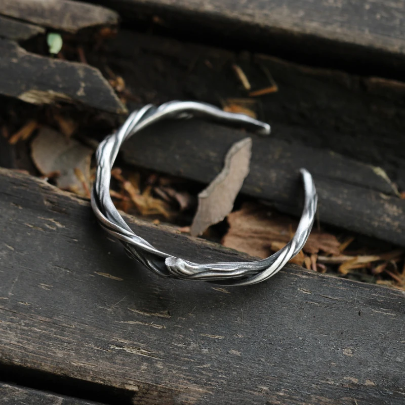 铜合金手镯 复古做旧浮木高级感小众男女开口镯子古风编织百搭ins