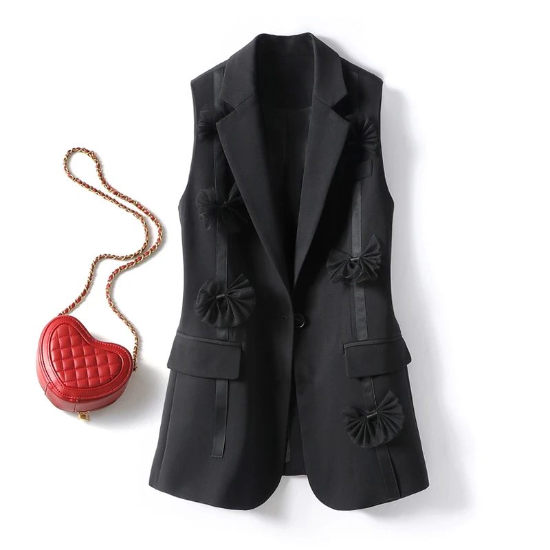 网纱花边装饰马甲外套无袖西装2022秋冬新款时尚显瘦黑色坎肩上衣