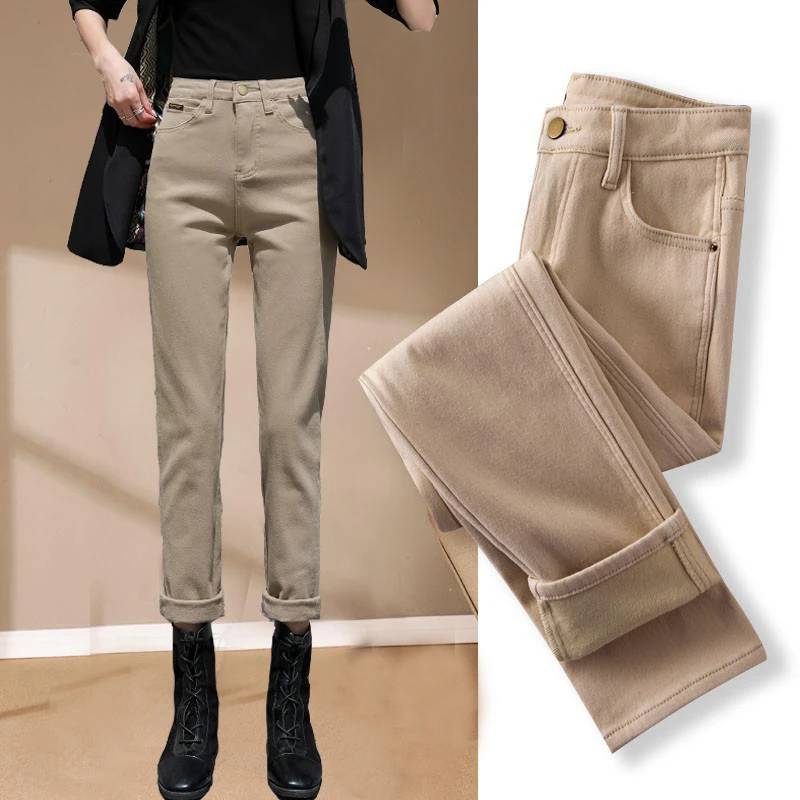 卡其色直筒冬季加绒牛仔裤女士休闲高腰修身百搭九分烟管女款裤子