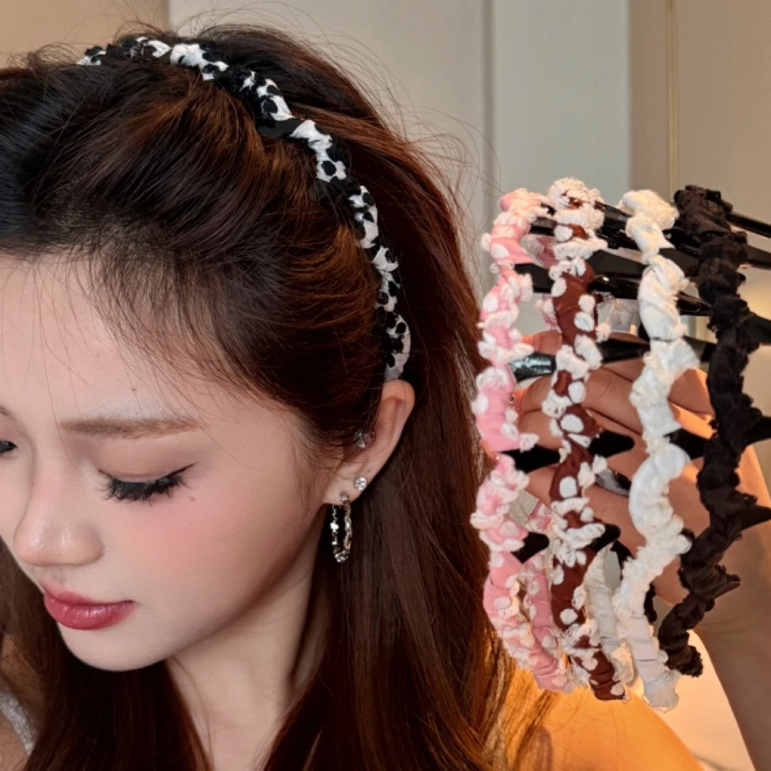 升级了!新款绕布针织蓬松高颅顶齿梳点点清新百搭显脸小甜美发箍