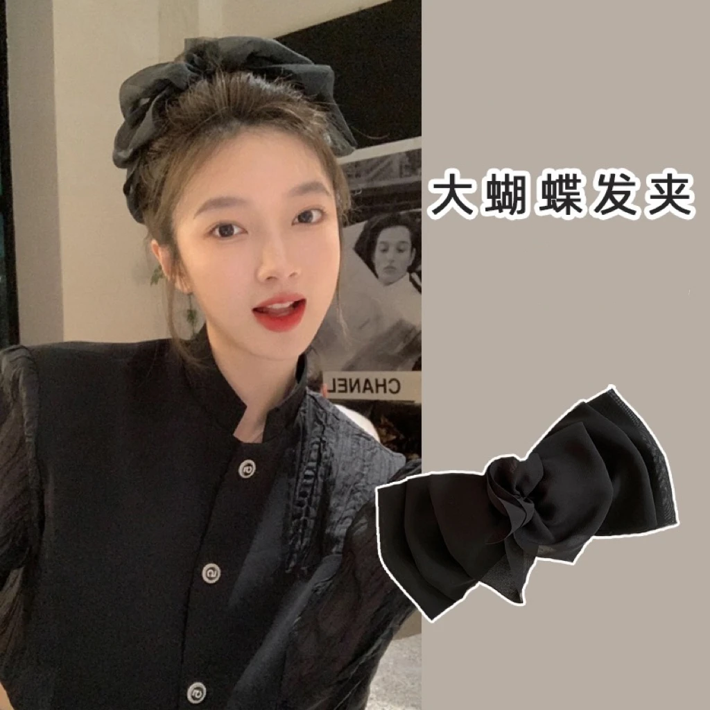 增加高颅顶黑色网纱泡泡大蝴蝶结一字弹簧夹蝴蝶结发夹
