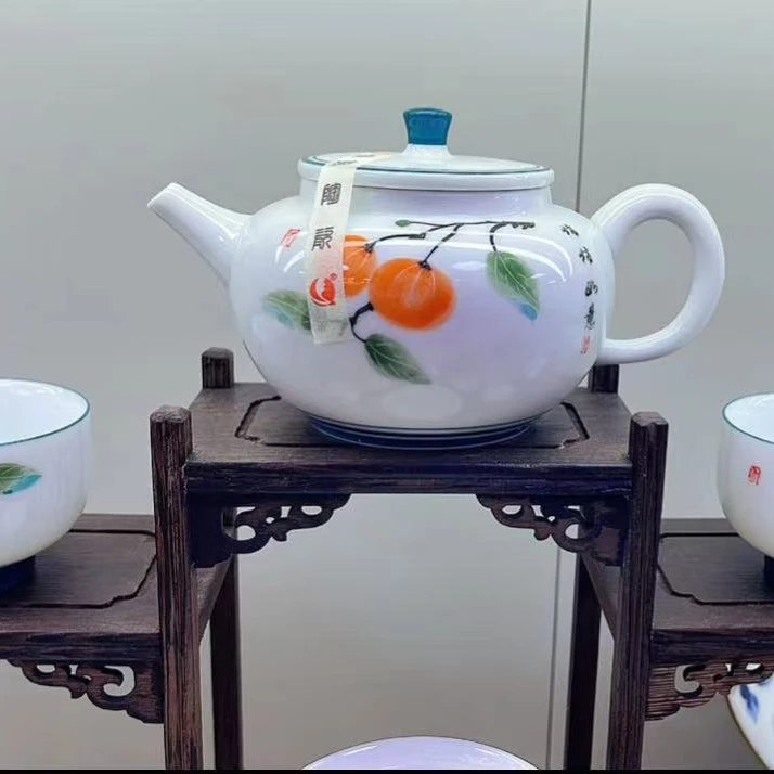 景德镇手绘茶具柿柿如意六人位可自用送礼陶瓷手工精美