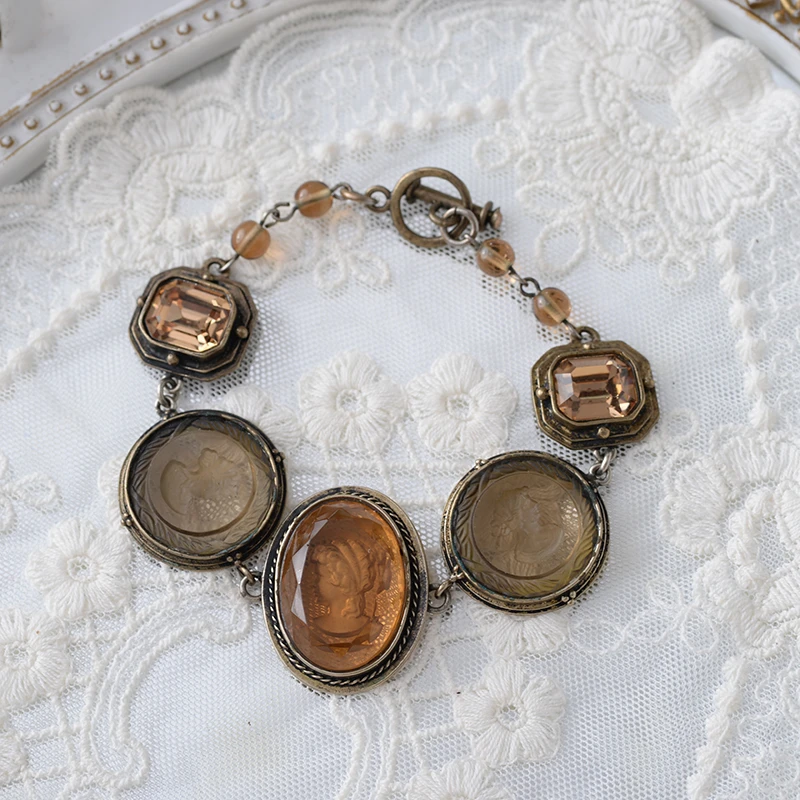 铜合金手链   【六六中古】孤品复古背雕卡梅奥琉璃手链as780手围16