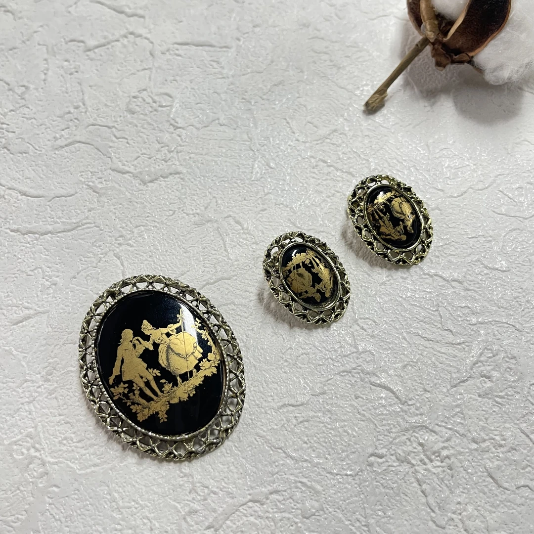 铜合金陶瓷胸针 【六六中古】孤品复古胸针耳夹套装th2373