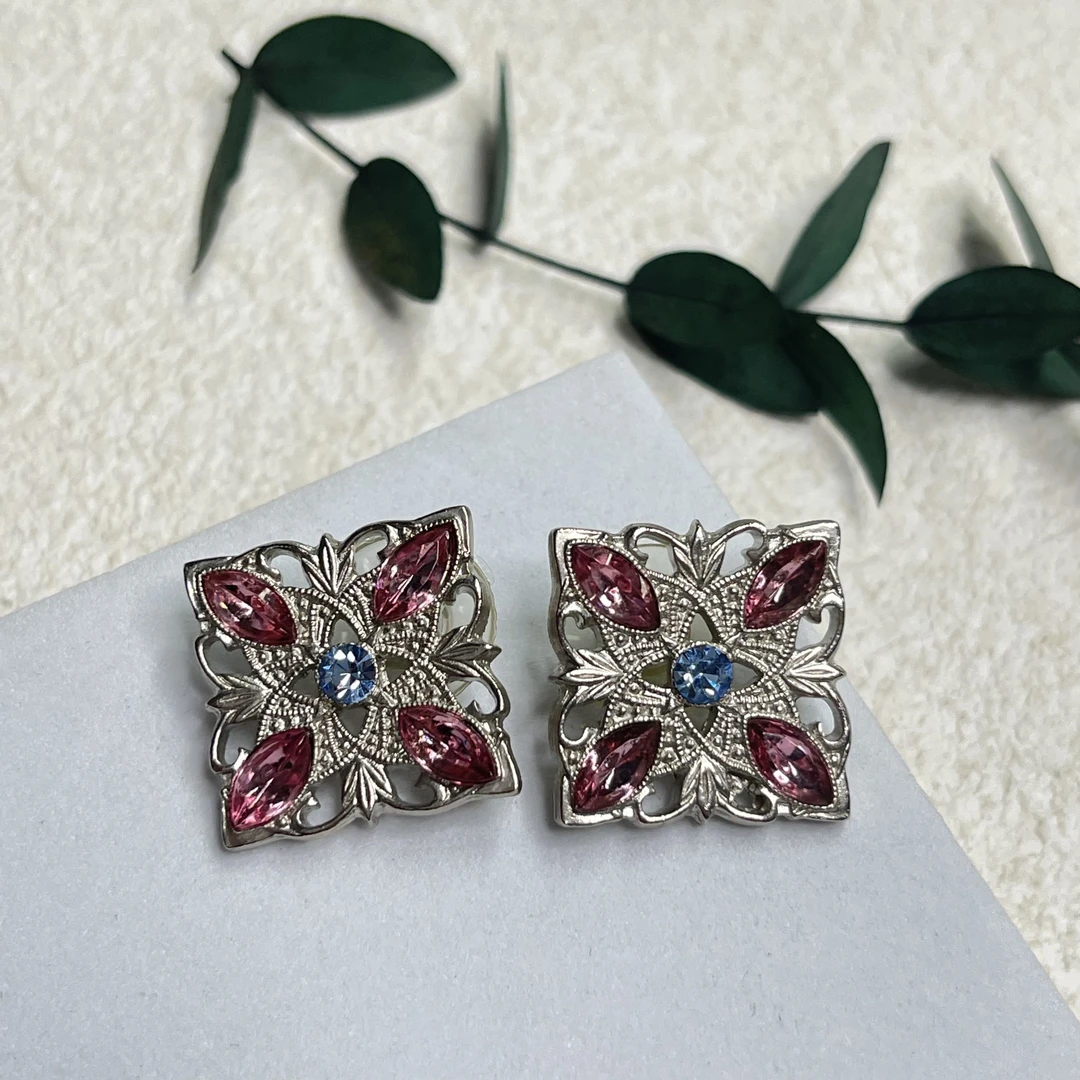 铜合金合成锆石耳饰 【六六中古】孤品复古方形耳钉th3279