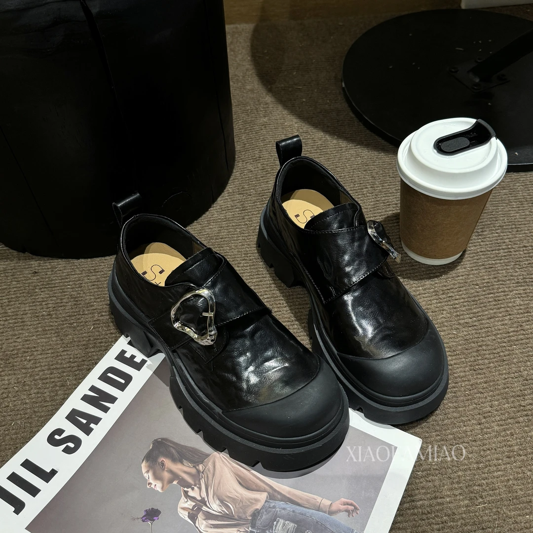 小发喵时尚百搭英伦风手抓纹圆头厚底乐福鞋777