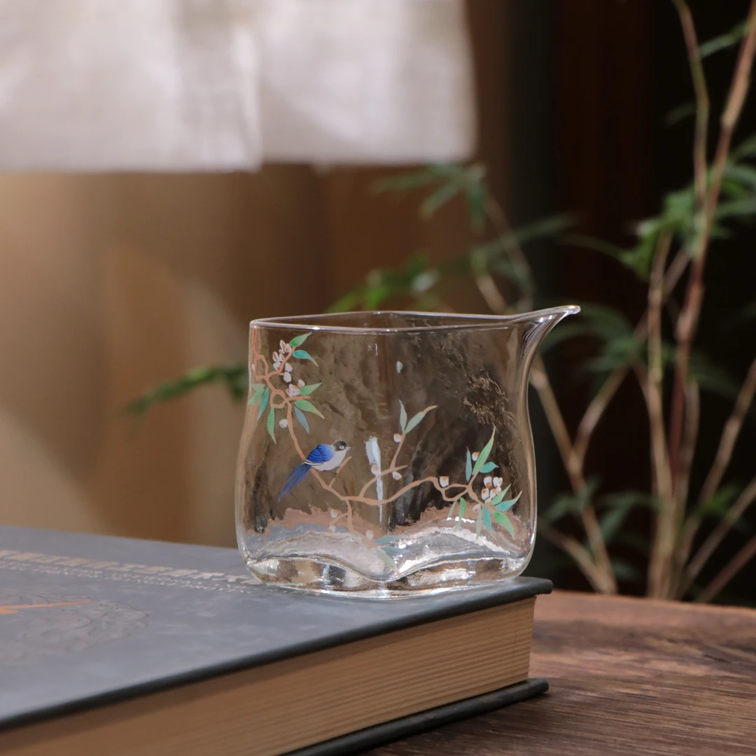 【雲梦专属】锤纹手绘花鸟高透水晶公道-200ml