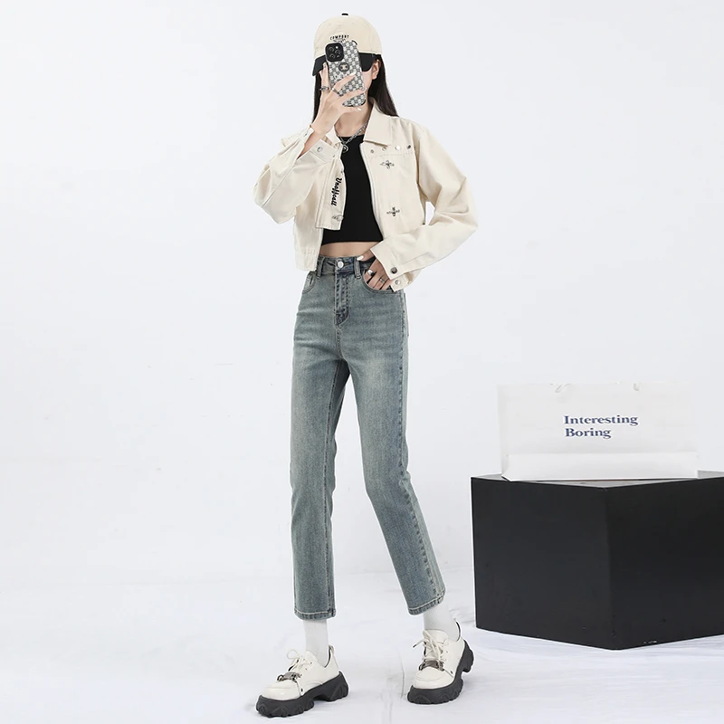 【小羽毛】九分烟管裤复古高腰显瘦修身直筒牛仔裤女时尚百搭小个子