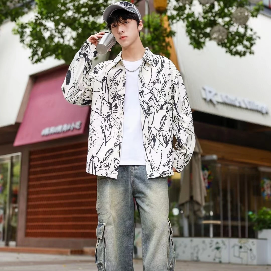 2024秋季新款潮流时尚百搭彩绘翻领男士休闲衬衫款洗水棉外套