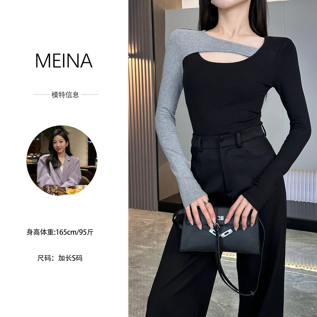 MEINA【蓝调乐曲】性感纯欲撞色不规则领设计修身显瘦气质百搭上衣