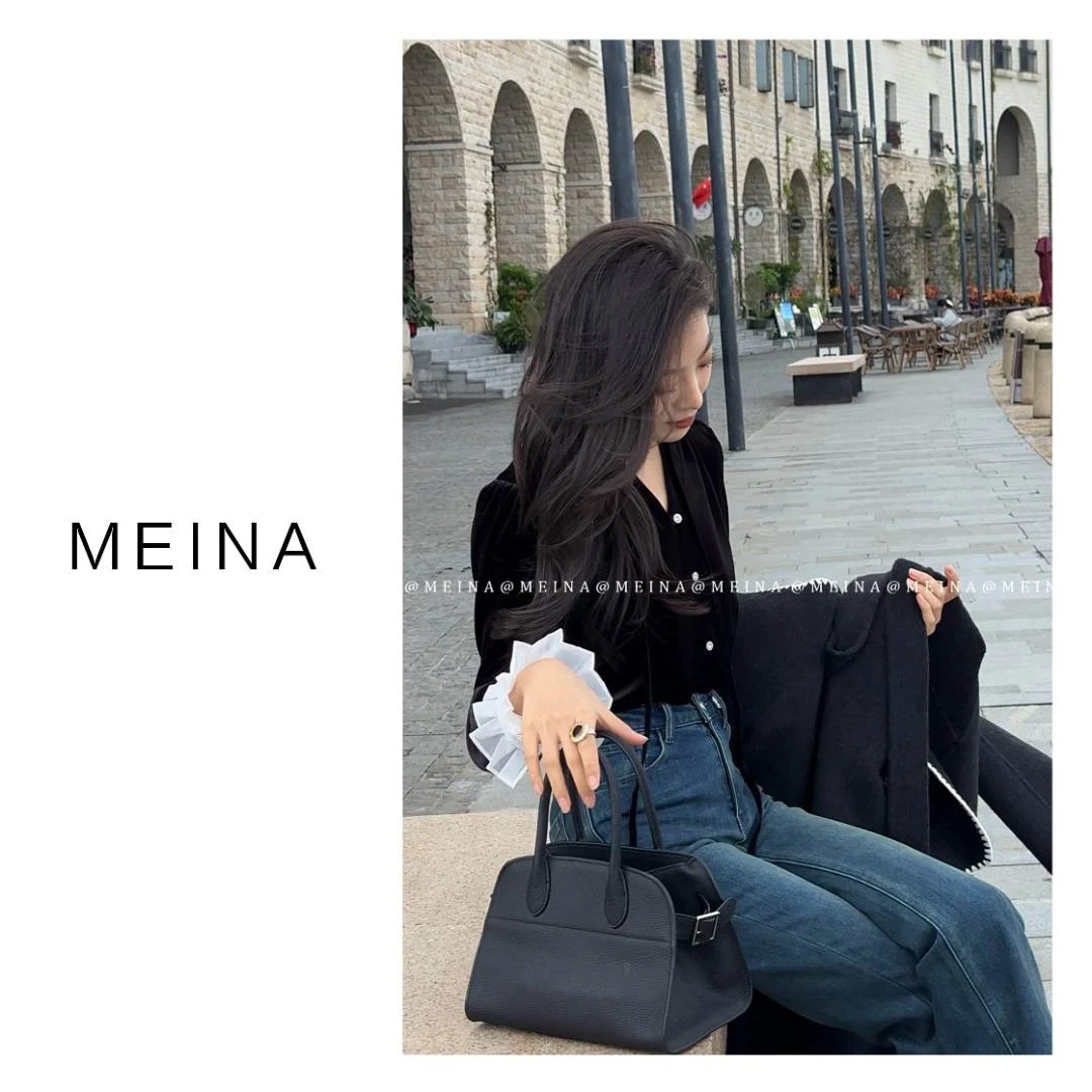 MEINA【暮秋晚风】法式丝绒精致V领高级气质时尚小众百搭黑色上衣