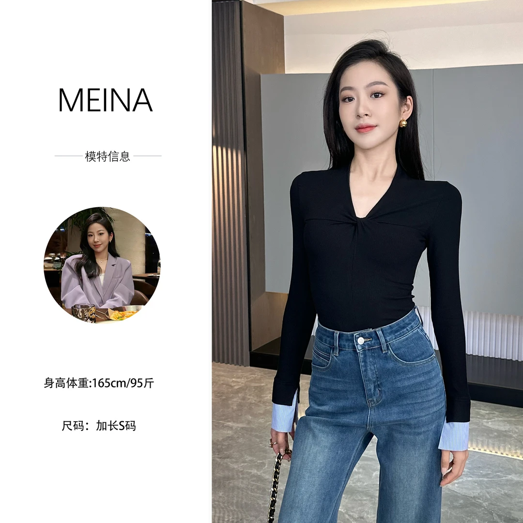 MEINA【法式风情】春夏2025法式扭结V领长袖修身显瘦百搭上衣