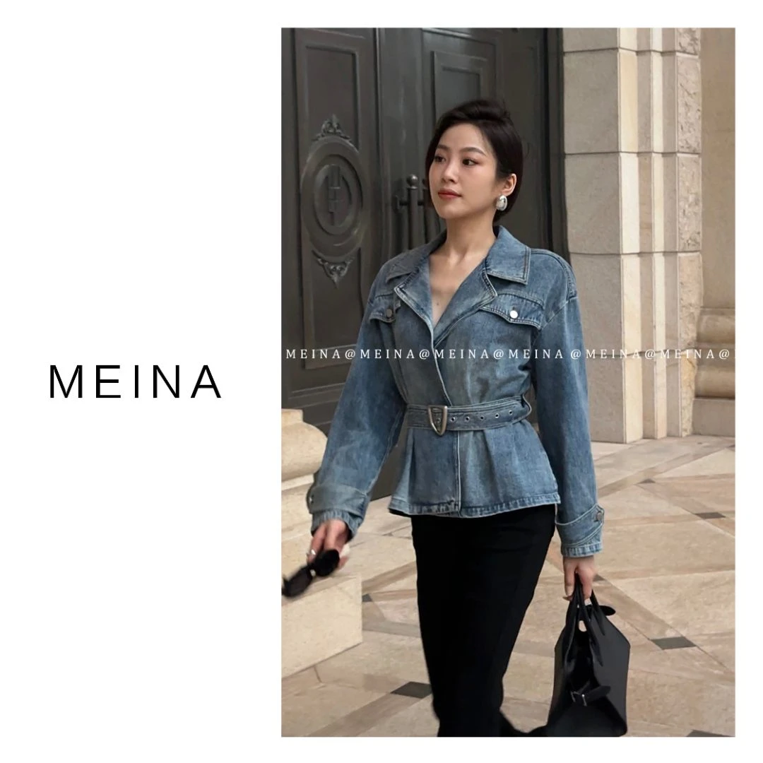 MEINA【汉普顿南岸】秋冬翻领复古时髦休闲气质感小众收腰牛仔外套