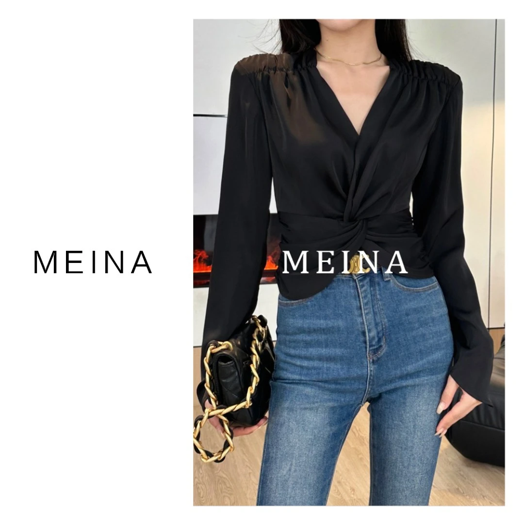 XINRU心如【时髦攻略】设计交叉V领衬衫女春装感修身褶皱短款衬衣