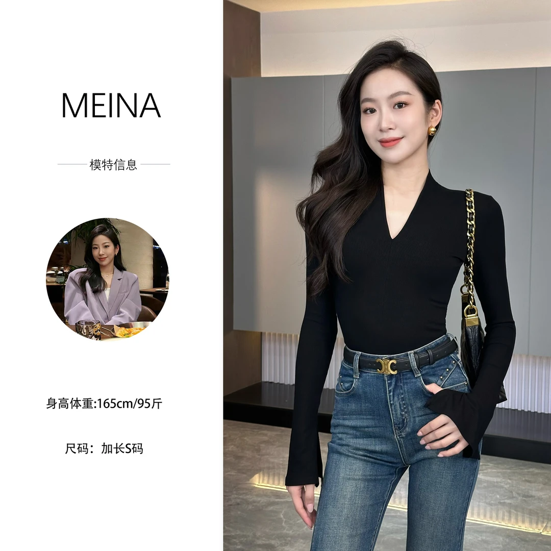 MEINA【娜美】2024秋冬气质显瘦长袖时尚百搭黑色修身设计上衣