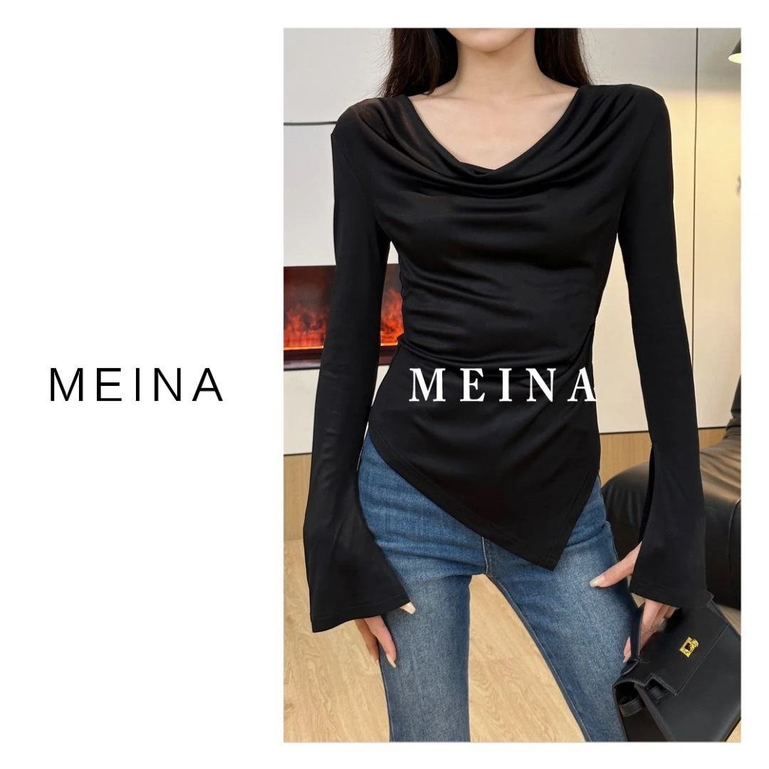 MEINA【闪耀星河】春日黑色堆堆领修身不规则长袖显瘦气质打底上衣