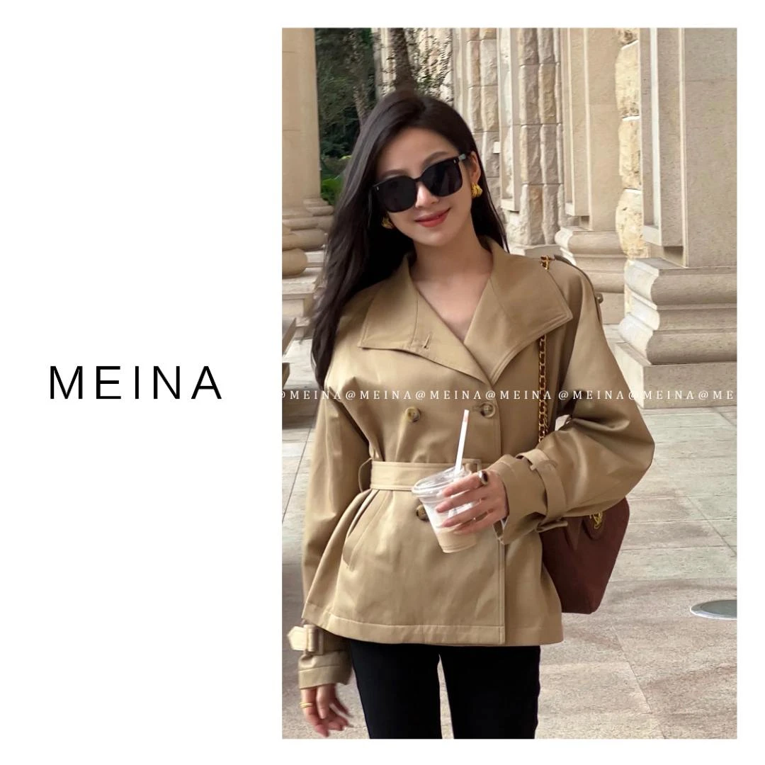 MEINA【柔光日记】卡其色廓形显瘦外套女高级感双排扣收腰中长风衣