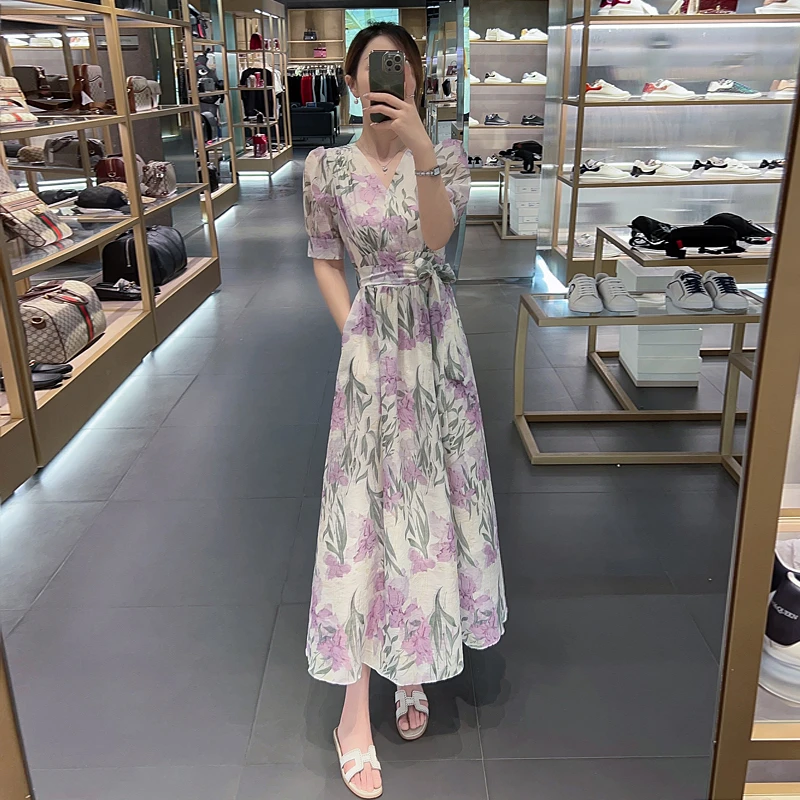 碎花连衣裙女2025夏装新款短袖V领复古裙子气质收腰显瘦过膝长裙