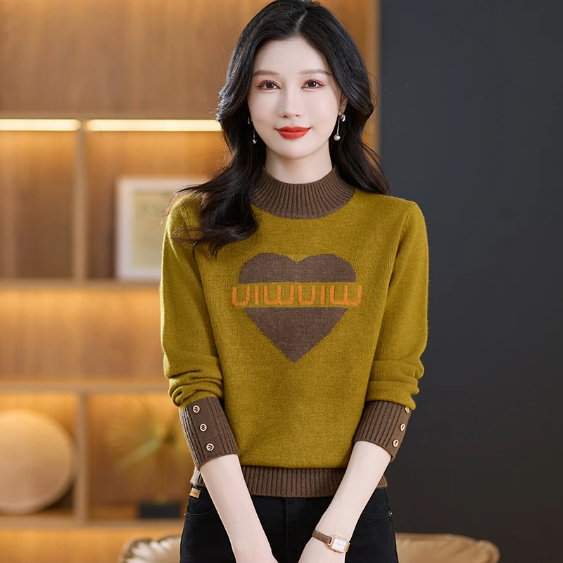 例姿2024秋季针织衫长袖洋气时尚百搭宽松半高领加厚秋冬圆领套头