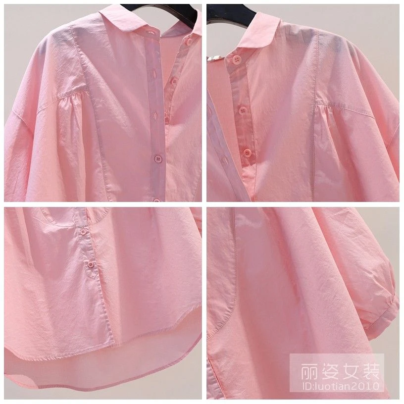 纯棉气质夏季7衬衣衬衫文艺休闲上衣百搭2024分袖范大码女清新小