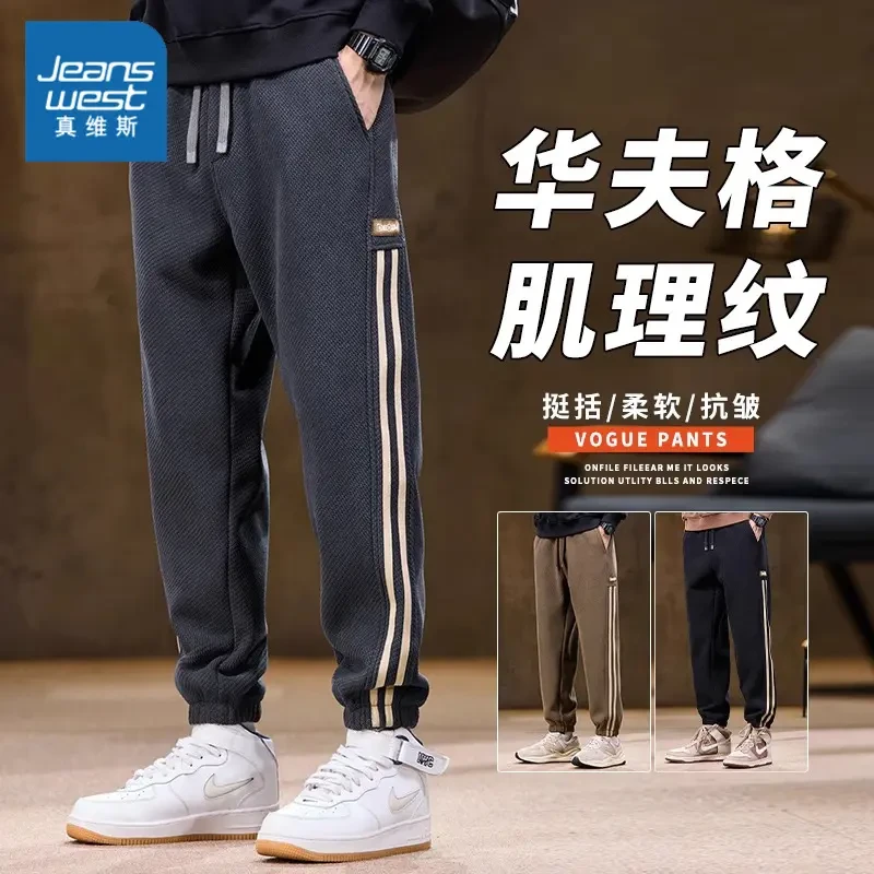 真维斯休闲裤男加绒秋冬肌理纹束脚裤哈伦工装运动重磅华夫格卫裤