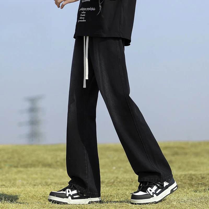 真维斯美式牛仔裤男士潮牌直筒高街微喇黑色垂感休闲长裤子男秋款